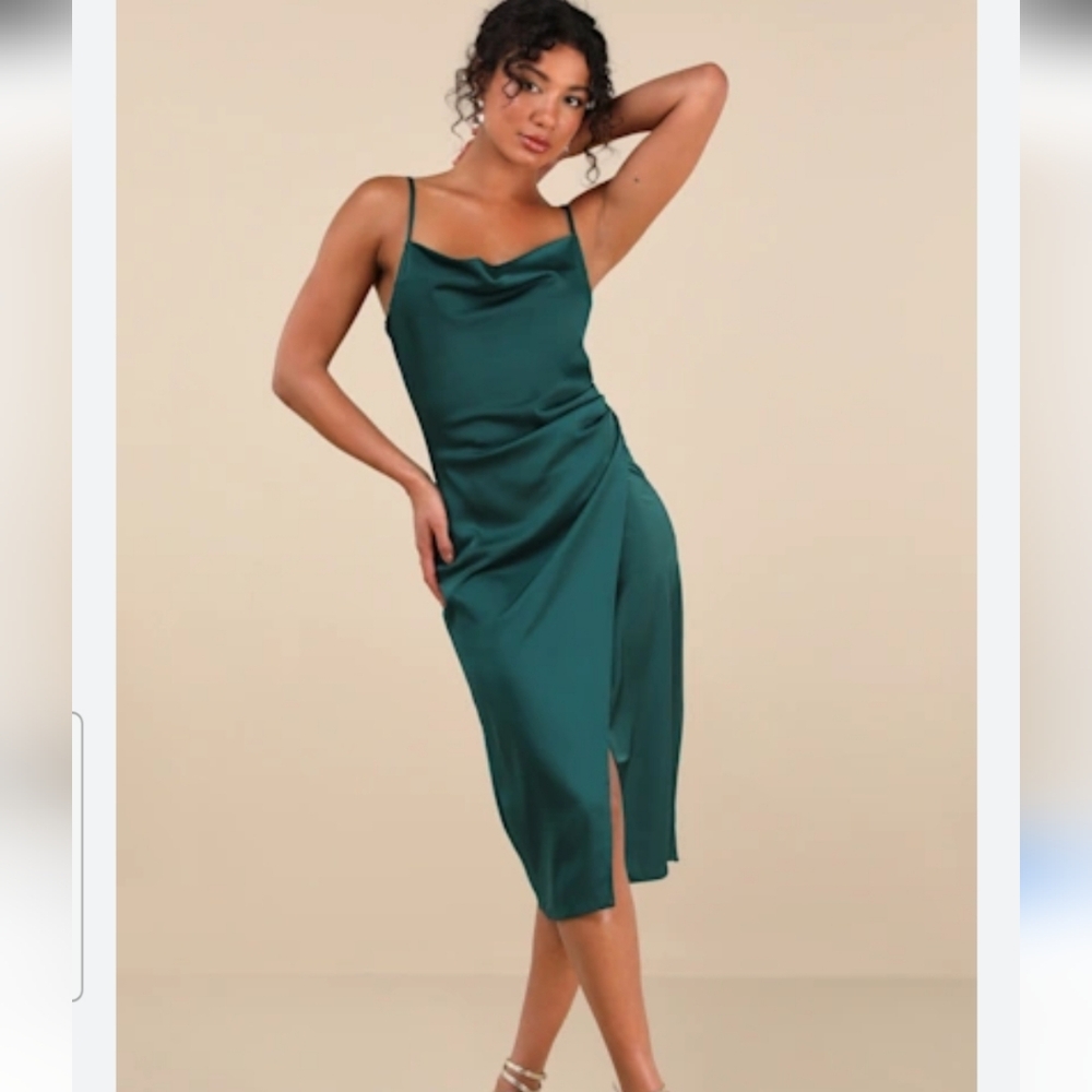Lulu's Emerald Green Satin Cowl Neck Midi Slip Dress